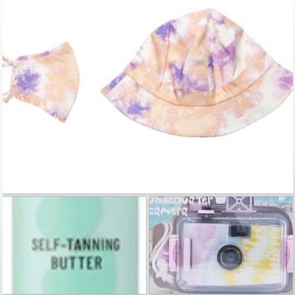 Bundle: hat, mask, Underwater camera, and self tanning